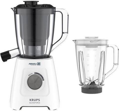 Krups Blender KB42Q1 Blendforce 2in1 6 mes powelix technologie, 2 snelheden+rpulse, ice crush functie, inclusief mengbeker, sapcontainer, sapkan, wit/grijs